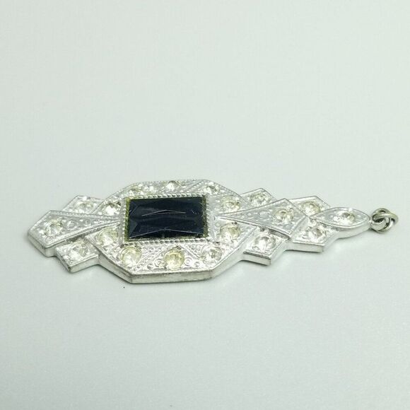 Vintage Black Rhinestone and Silver Tone Pendant, Art Deco Style, Retro Estate - Picture 3 of 7